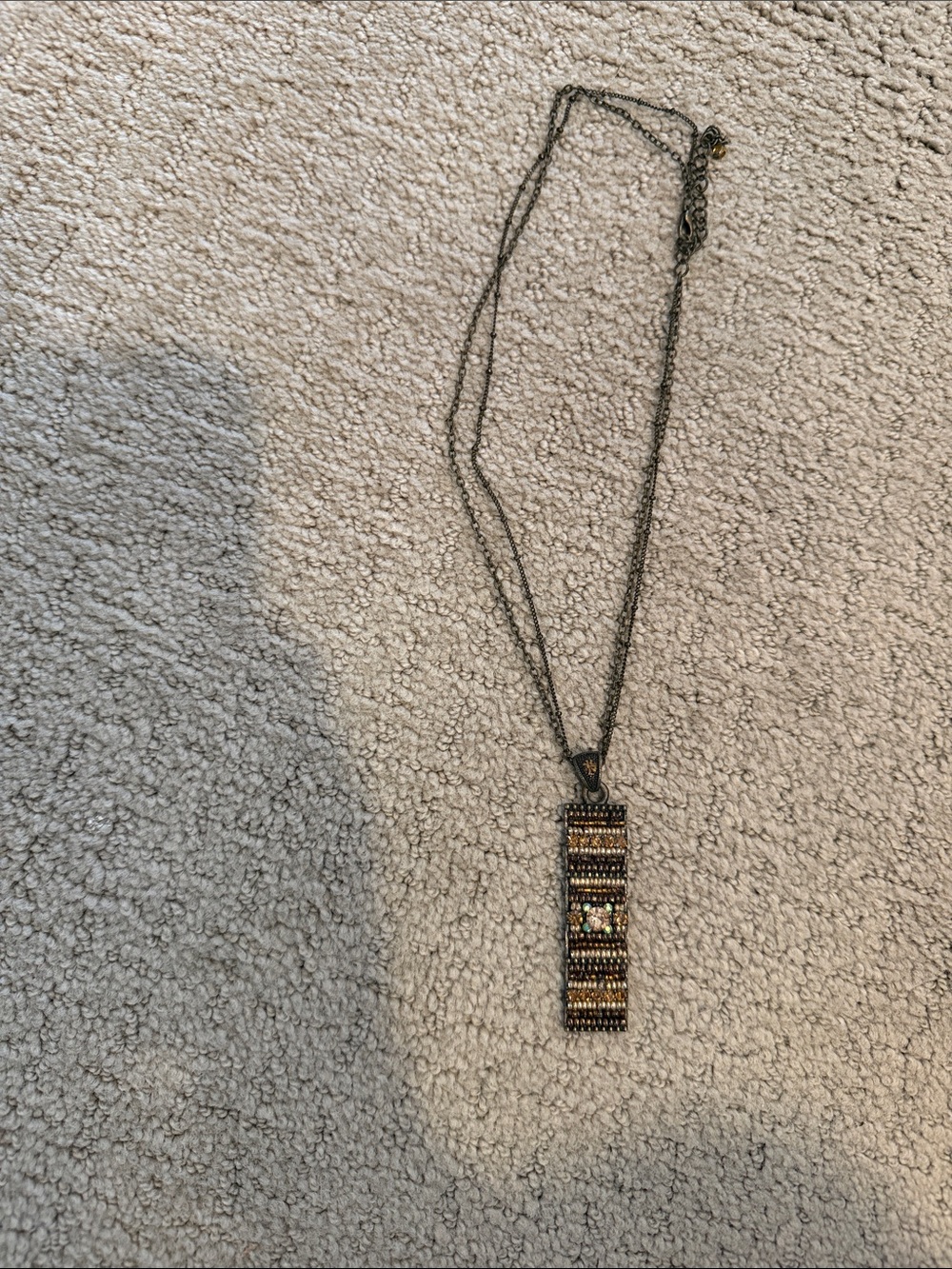 Beaded Rectangular Pendant Necklace in Antique Gold and Brown